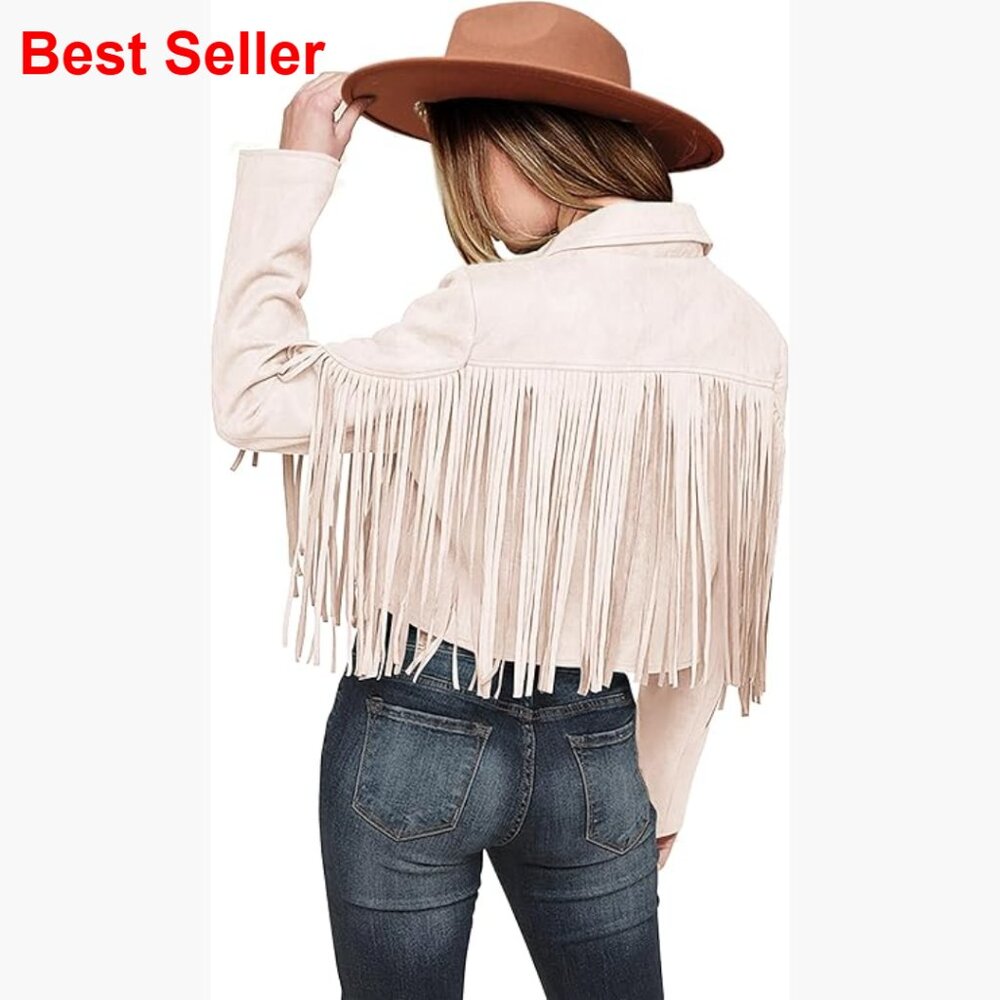 Faux Suede Fringe Cropped Motorcycle Jacket with Tassel Design